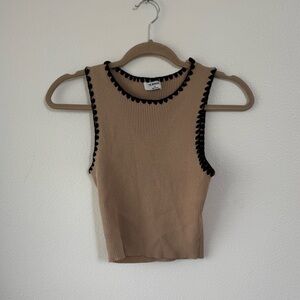 Tan Sleeveless Top with Black Trim